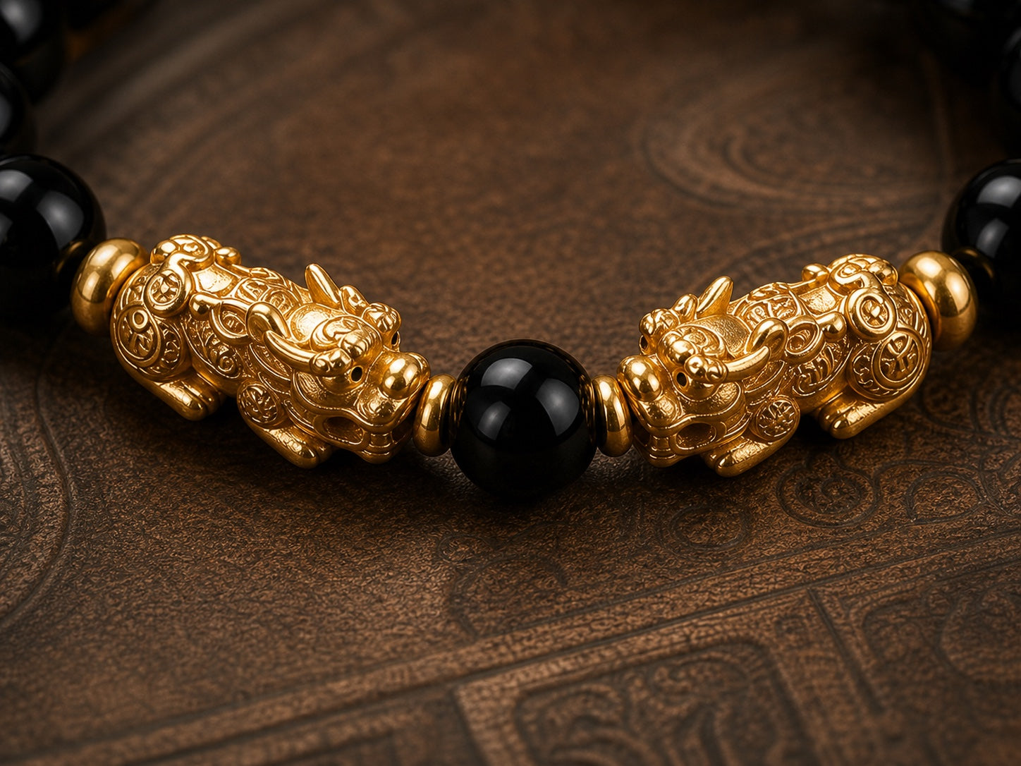 Close detail of the gold Pixiu charm