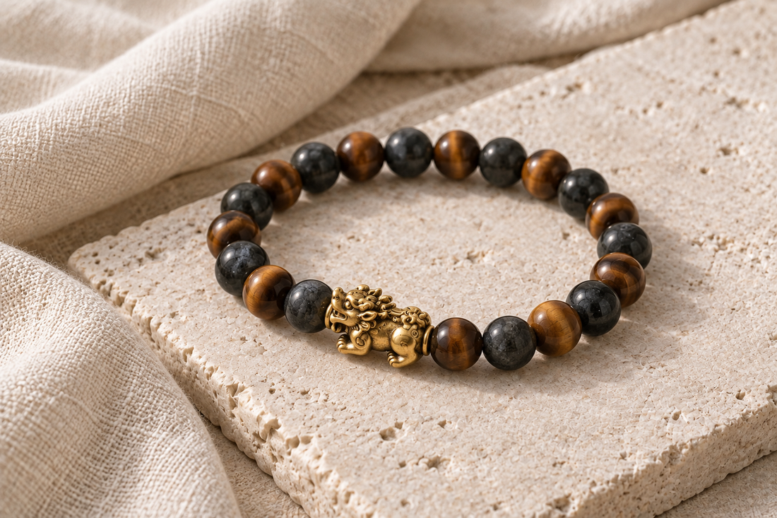 Dark brown and charcoal bead bracelet with a gold-toned guardian-beast centerpiece on pale stone and oatmeal linen.