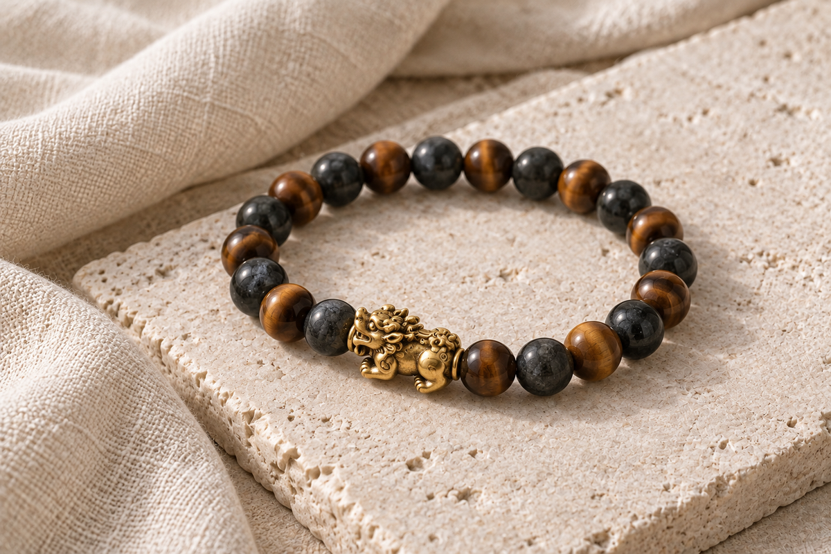 Dark brown and charcoal bead bracelet with a gold-toned guardian-beast centerpiece on pale stone and oatmeal linen.