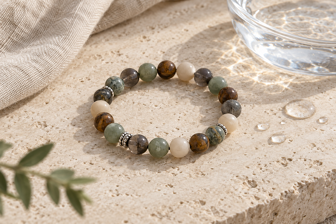 Multicolored round-bead bracelet beside water droplets and a clear glass dish on pale stone.