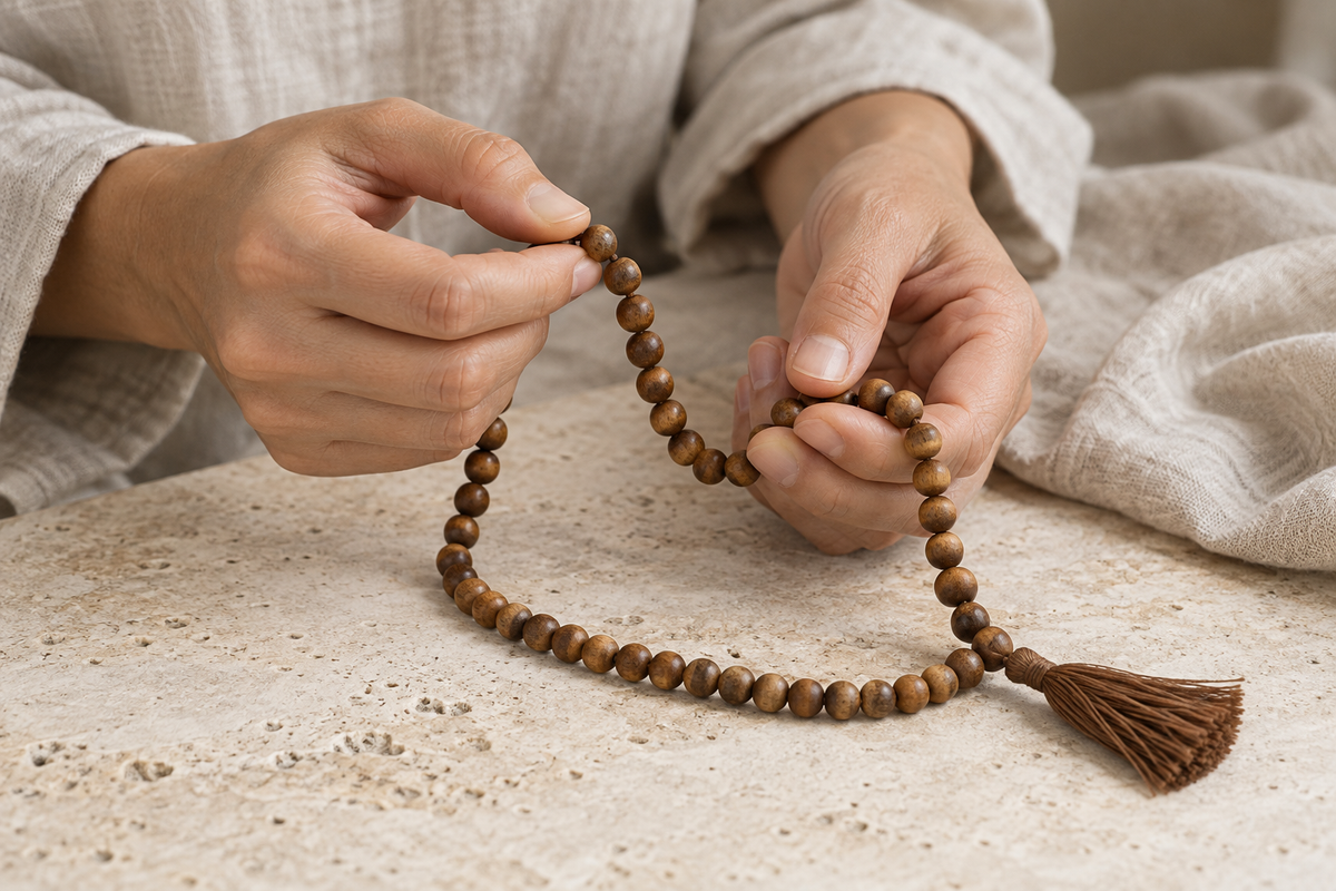 Hands gently moving along a brown mala strand with a tassel on pale stone and oatmeal linen.