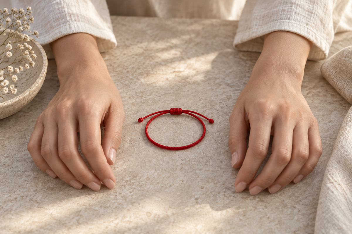 Simple red cord bracelet centered between two resting hands