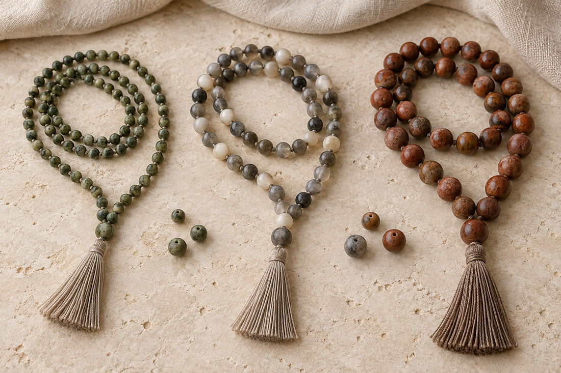 Three mala strands with small green, medium gray-and-cream, and large rust-brown beads arranged on pale stone.