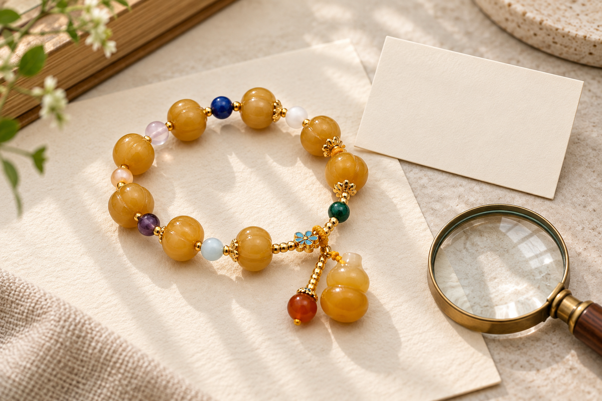 Jewelry sold under Buddhamani's Golden Silk Jade label beside a neutral product-detail card