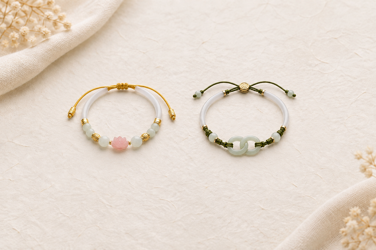 Two light-toned Buddhamani bracelets shown side by side on a cream surface for a listing comparison