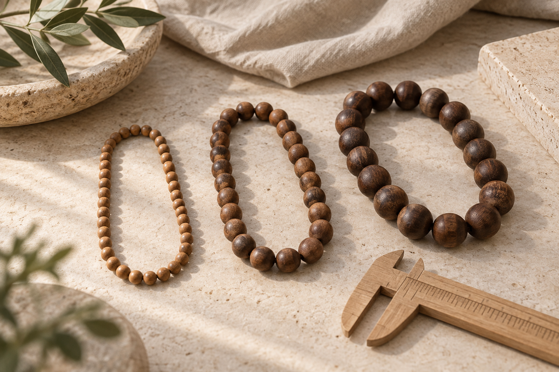 Three illustrative bead strands with visibly different bead diameters beside a wooden caliper