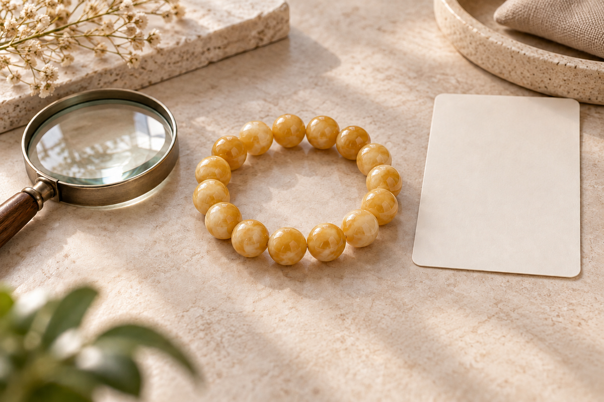 Illustrative golden-yellow bead bracelet beside a magnifying glass and blank checklist card