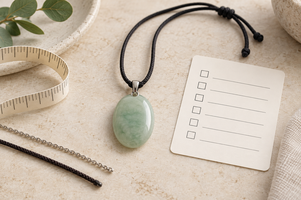 Illustrative pale green pendant necklace beside a blank buying checklist and measurement cues
