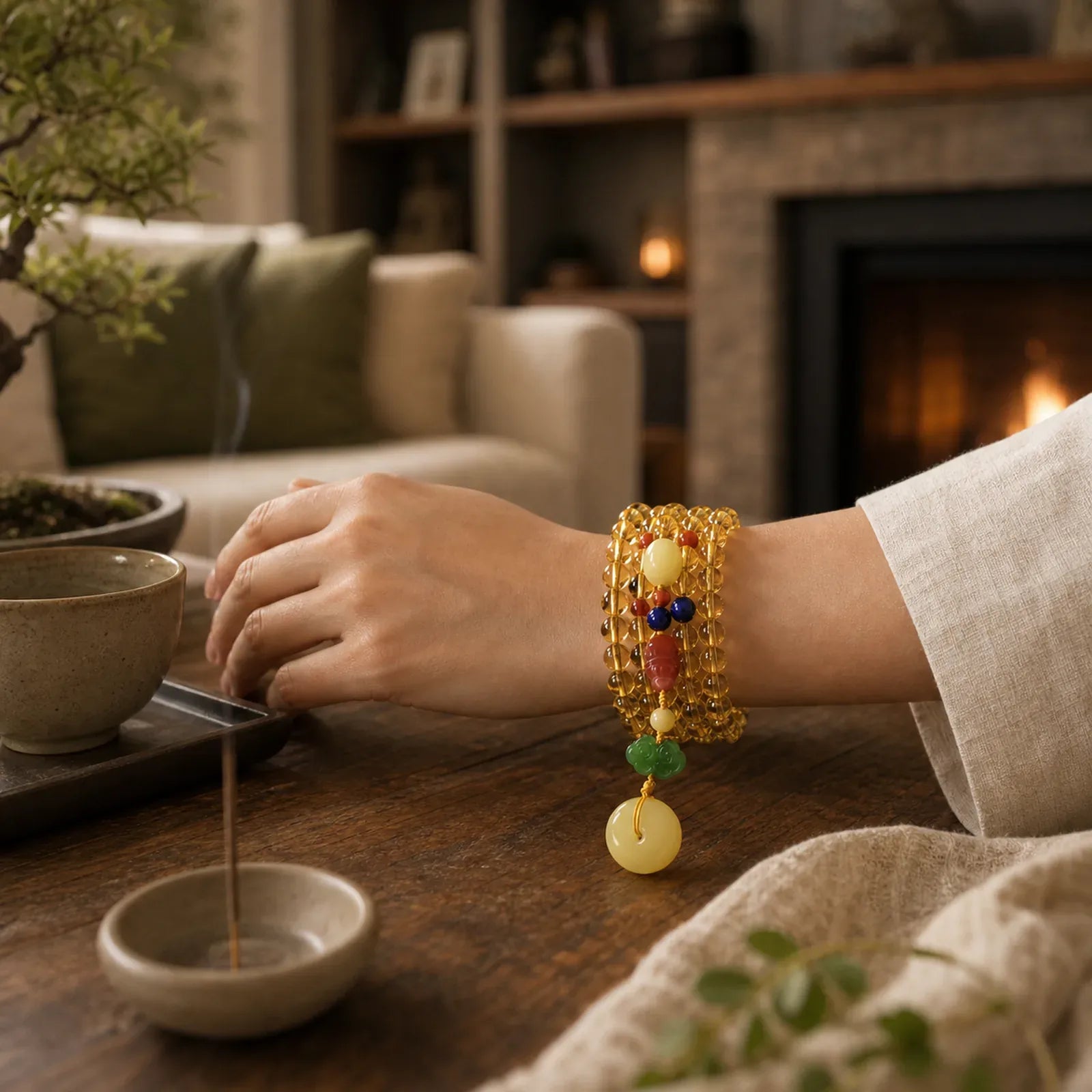 108 Mala Beads Natural Citrine Amber Peace Buckle Red Agate PiXiu Protection Charm Bracelet featuring Citrine, Amber, Peace Buckle
