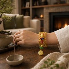 108 Mala Beads Natural Citrine Amber Peace Buckle Red Agate PiXiu Protection Charm Bracelet featuring Citrine, Amber, Peace Buckle
