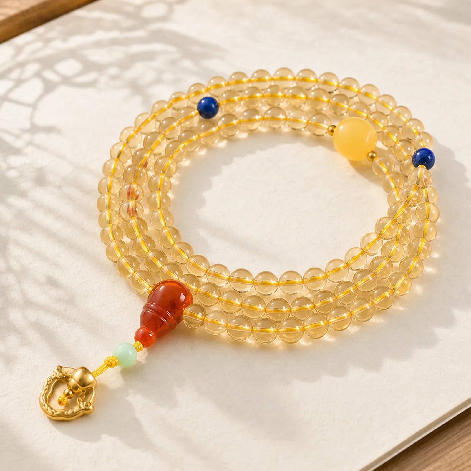 925 Sterling Silver 108 Mala Beads Natural Citrine Red Agate Amber Pleasure Charm Bracelet featuring Silver, Citrine, Red Agate