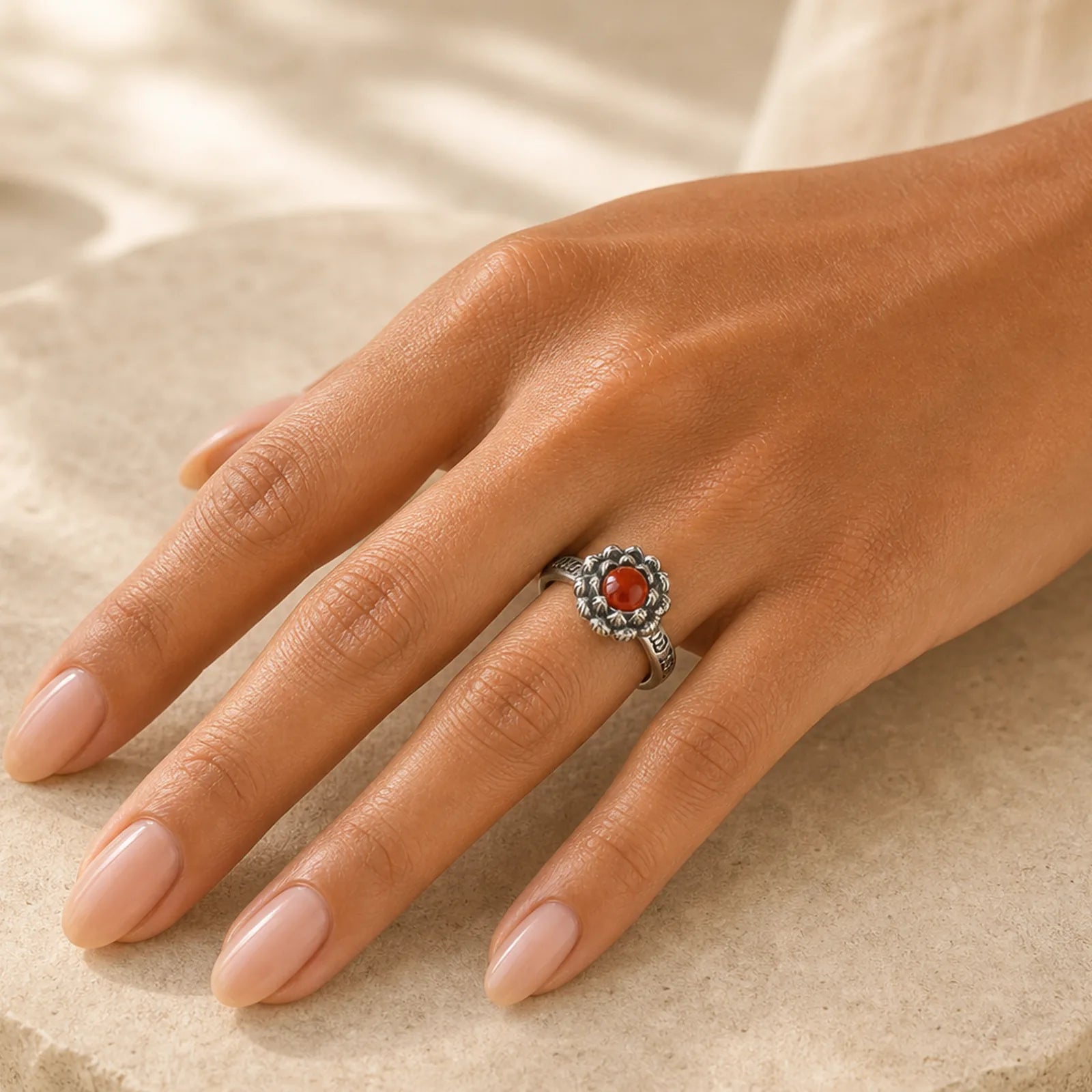 925 Sterling Silver Lotus Red Agate Confidence Blessing Ring (Extra 30% Off | USE CODE: FS30) featuring Silver, Lotus, Red Agate
