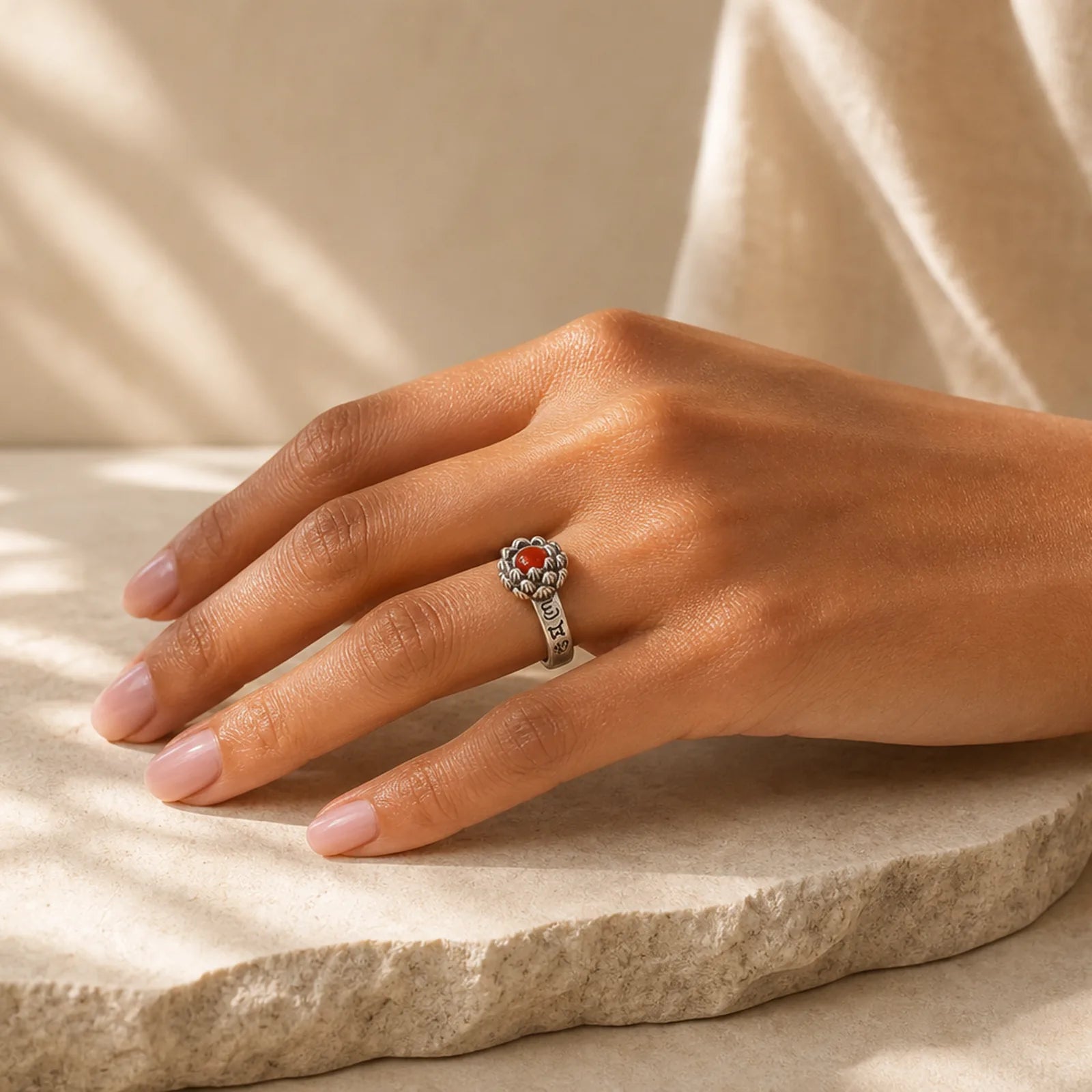 925 Sterling Silver Lotus Red Agate Confidence Blessing Ring (Extra 30% Off | USE CODE: FS30) featuring Silver, Lotus, Red Agate