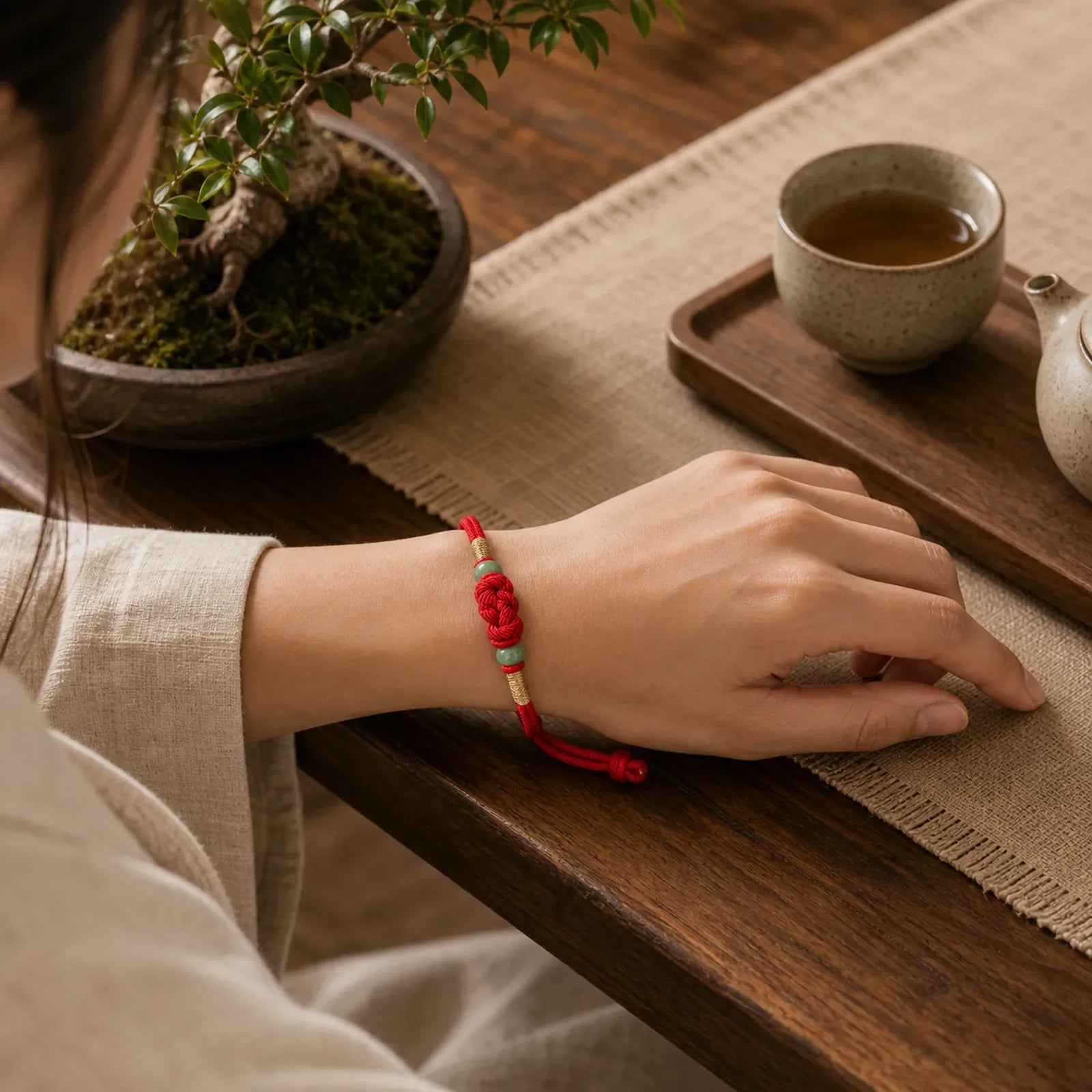 Bring Good Luck Red String Jade Fortune Knot Braided Couple Bracelet featuring Red String, Jade