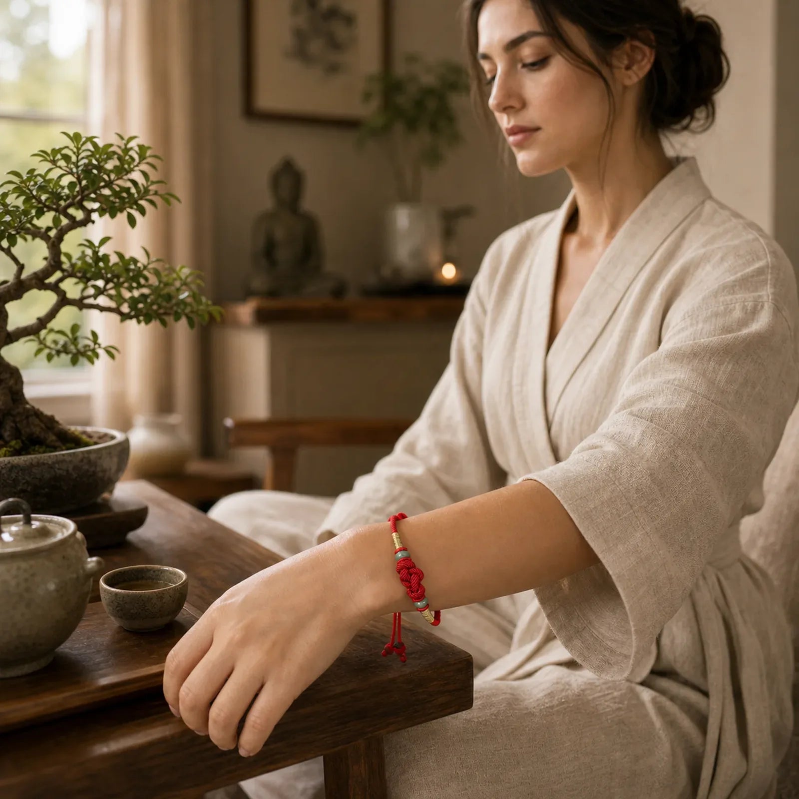 Bring Good Luck Red String Jade Fortune Knot Braided Couple Bracelet featuring Red String, Jade