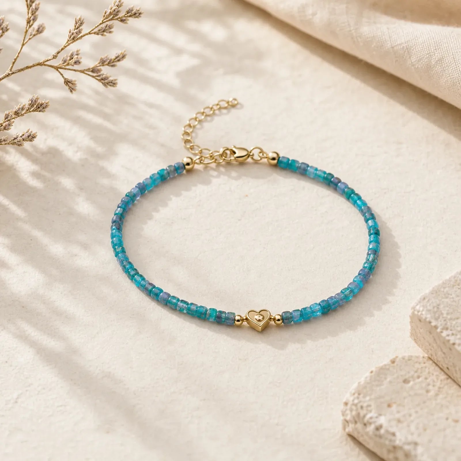Buddha Stone 2.5mm Apatite Ultra-thin Beads 14k Gold Plated Copper Heart Motivation Bracelet featuring Apatite, Copper