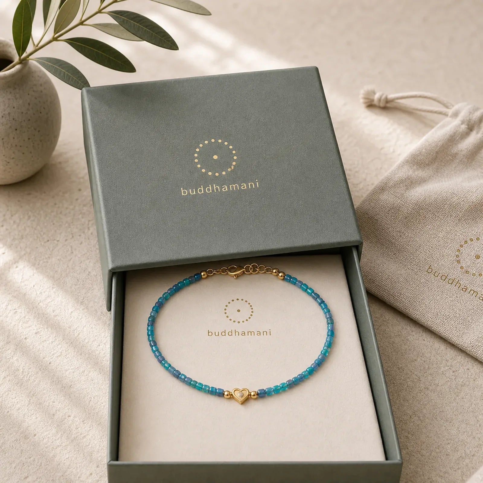 Buddha Stone 2.5mm Apatite Ultra-thin Beads 14k Gold Plated Copper Heart Motivation Bracelet featuring Apatite, Copper