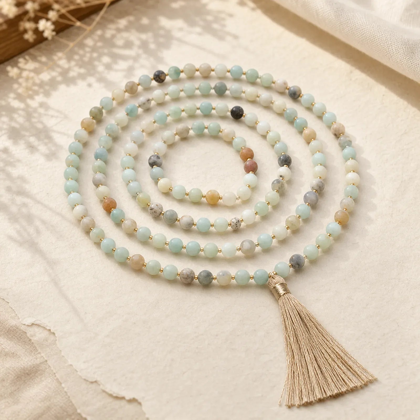 108 Amazonite Beads Tassel Mala Bracelet featuring Amazonite