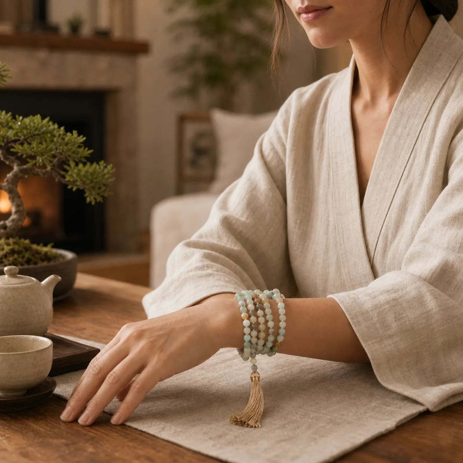 108 Amazonite Beads Tassel Mala Bracelet featuring Amazonite