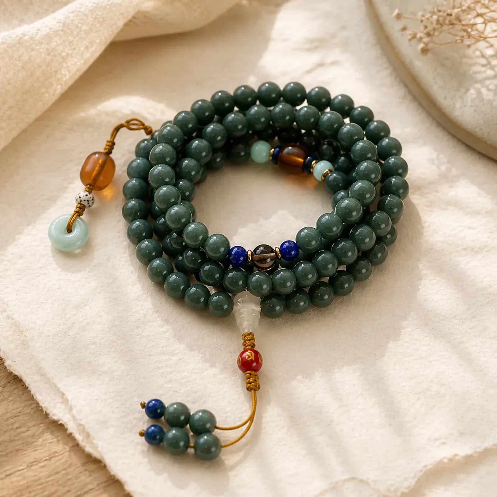 108 Beads Bodhi Seed Blessing Meditation Bracelet Mala featuring Bodhi Seed, Cinnabar, Jade