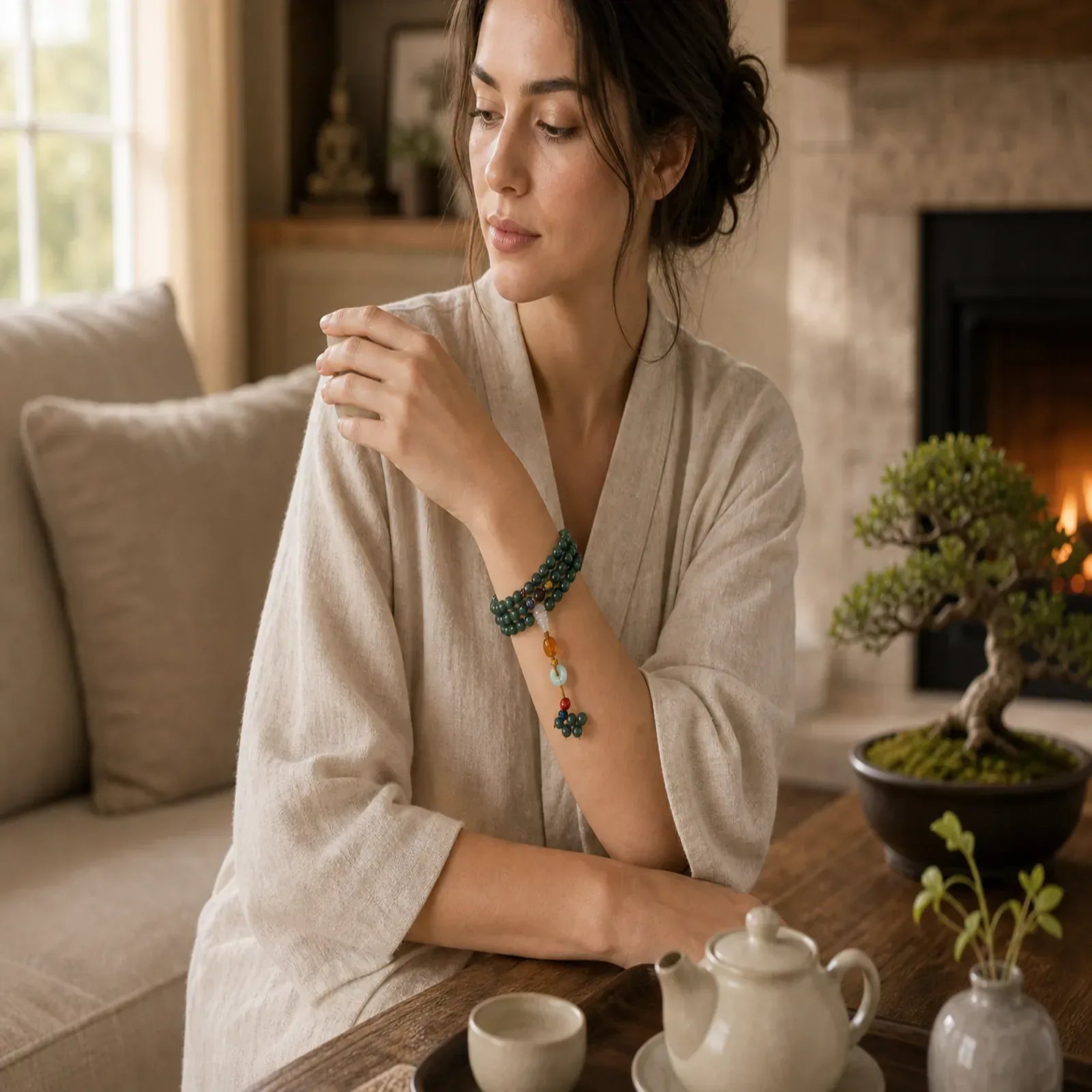 108 Beads Bodhi Seed Blessing Meditation Bracelet Mala featuring Bodhi Seed, Cinnabar, Jade