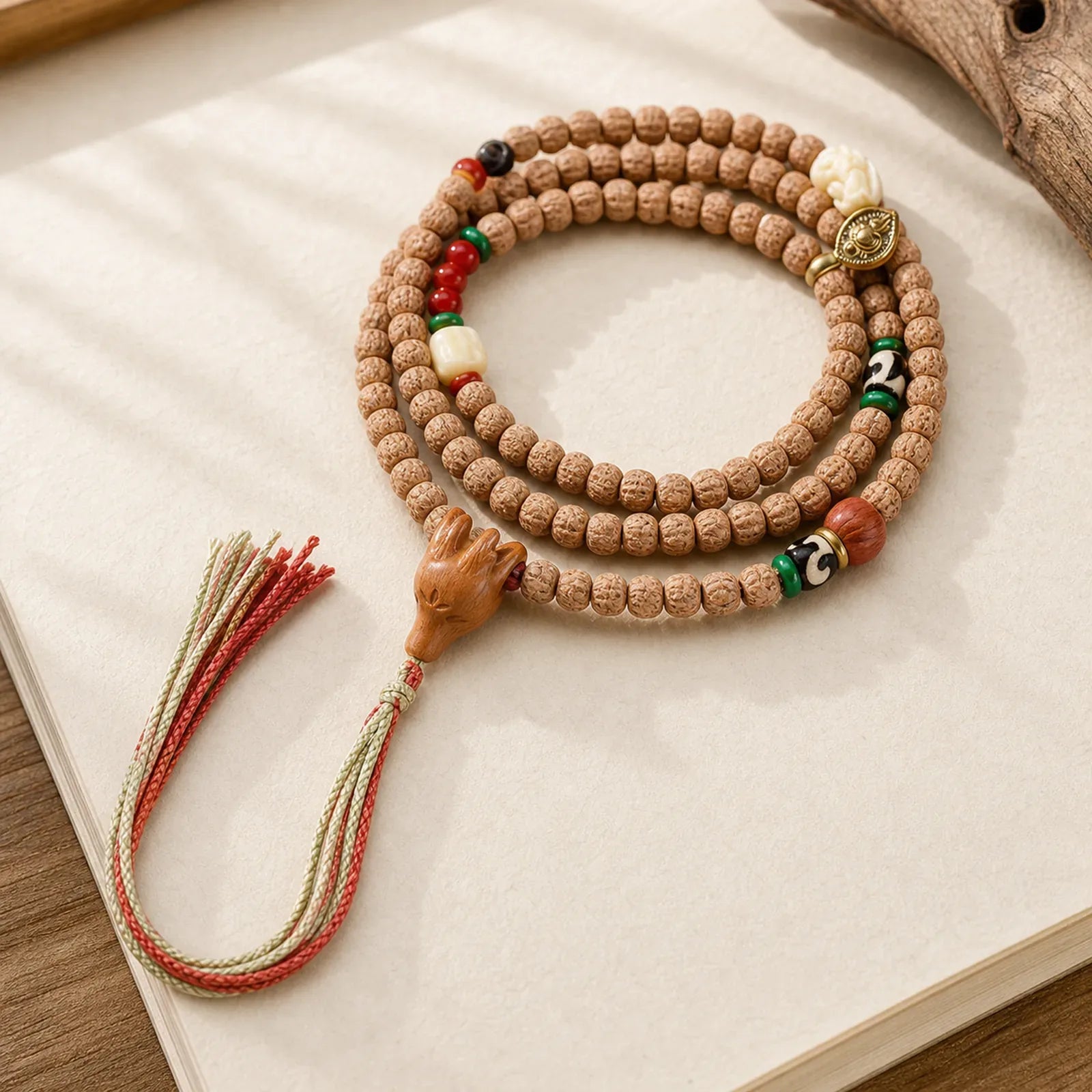 108 Beads Bodhi Seed Red Agate Deer Head Wisdom Mala Bracelet featuring Bodhi Seed, Red Agate