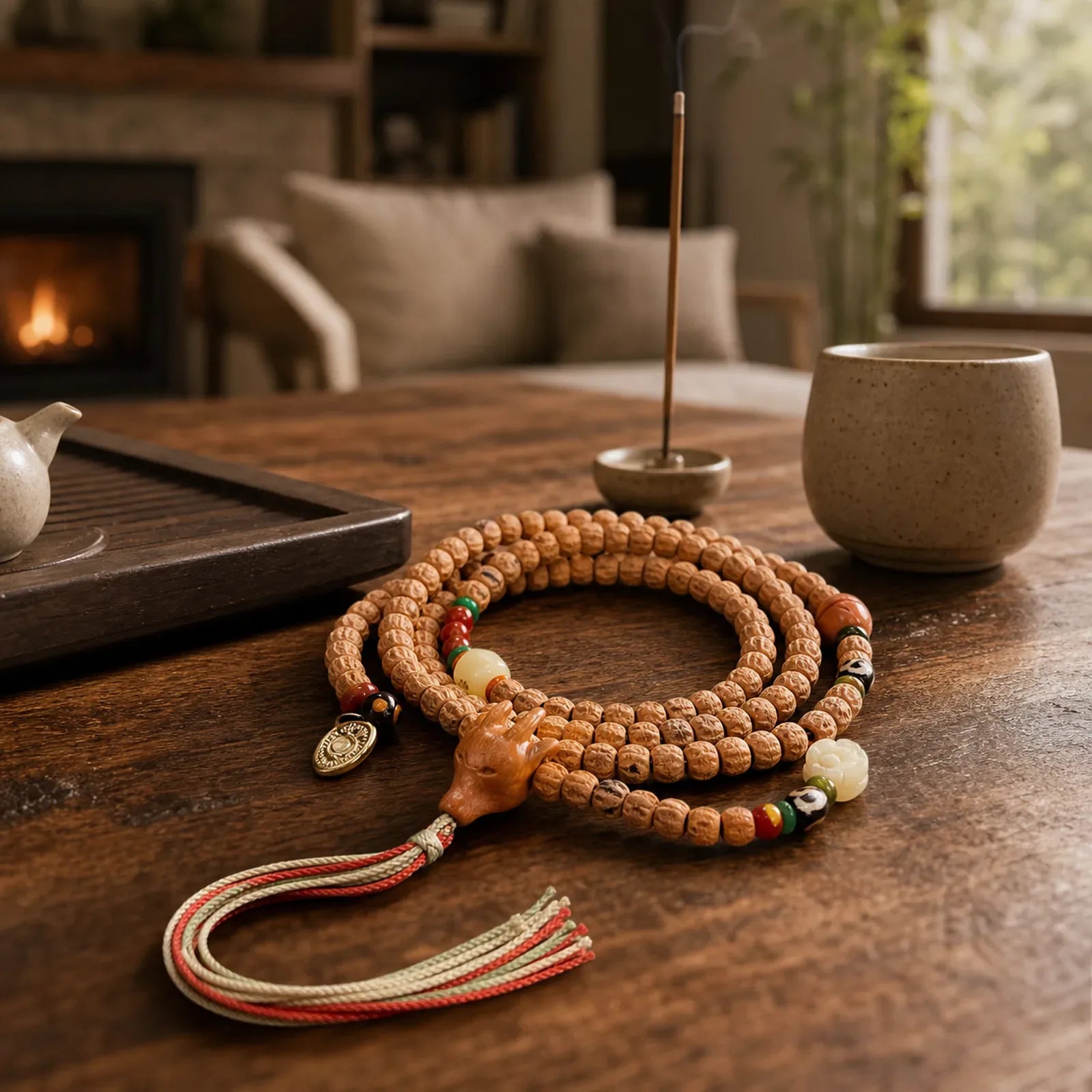 108 Beads Bodhi Seed Red Agate Deer Head Wisdom Mala Bracelet featuring Bodhi Seed, Red Agate