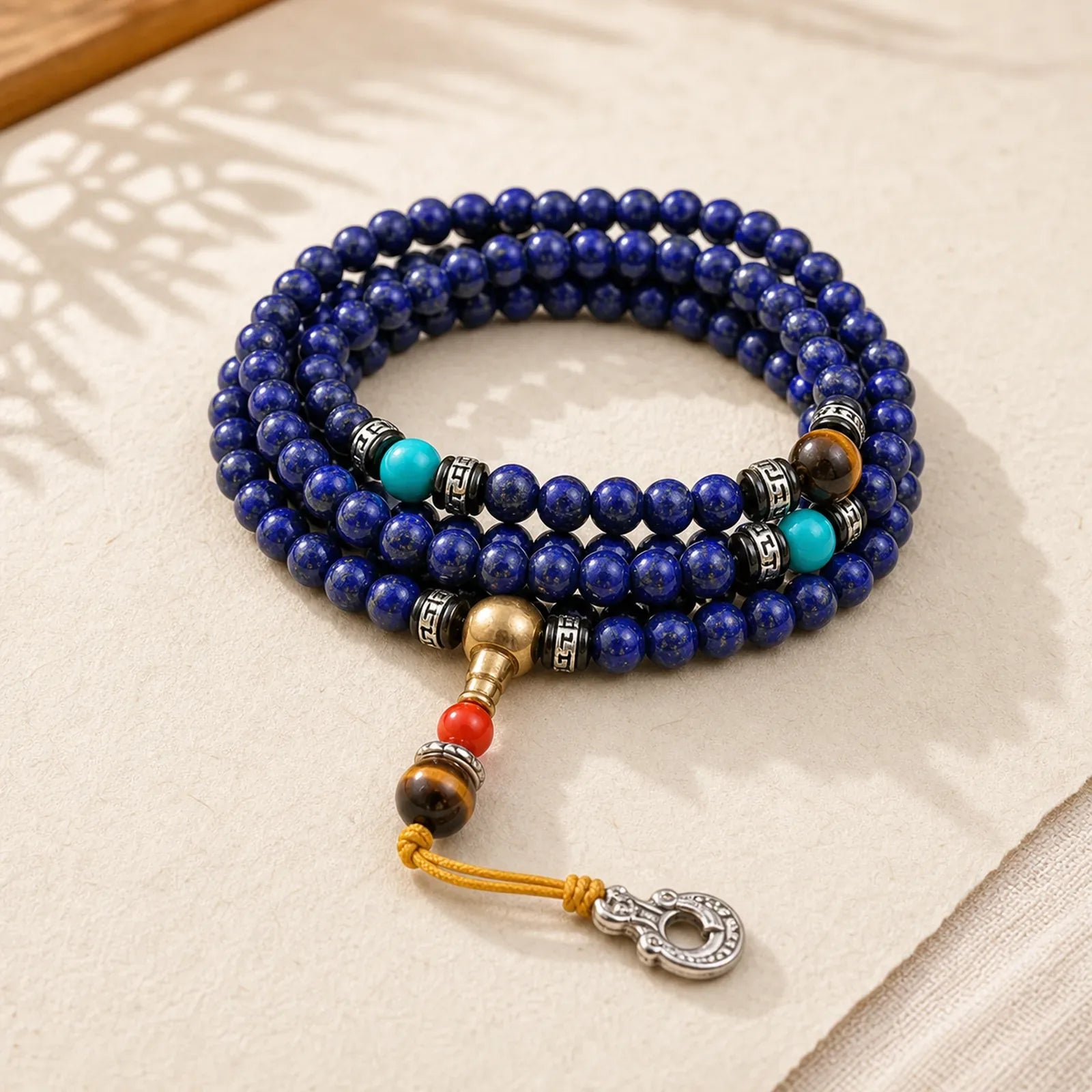 108 Beads Lazurite Positive Bracelet Mala featuring Lapis Lazuli (Lazurite), Tiger Eye, Turquoise