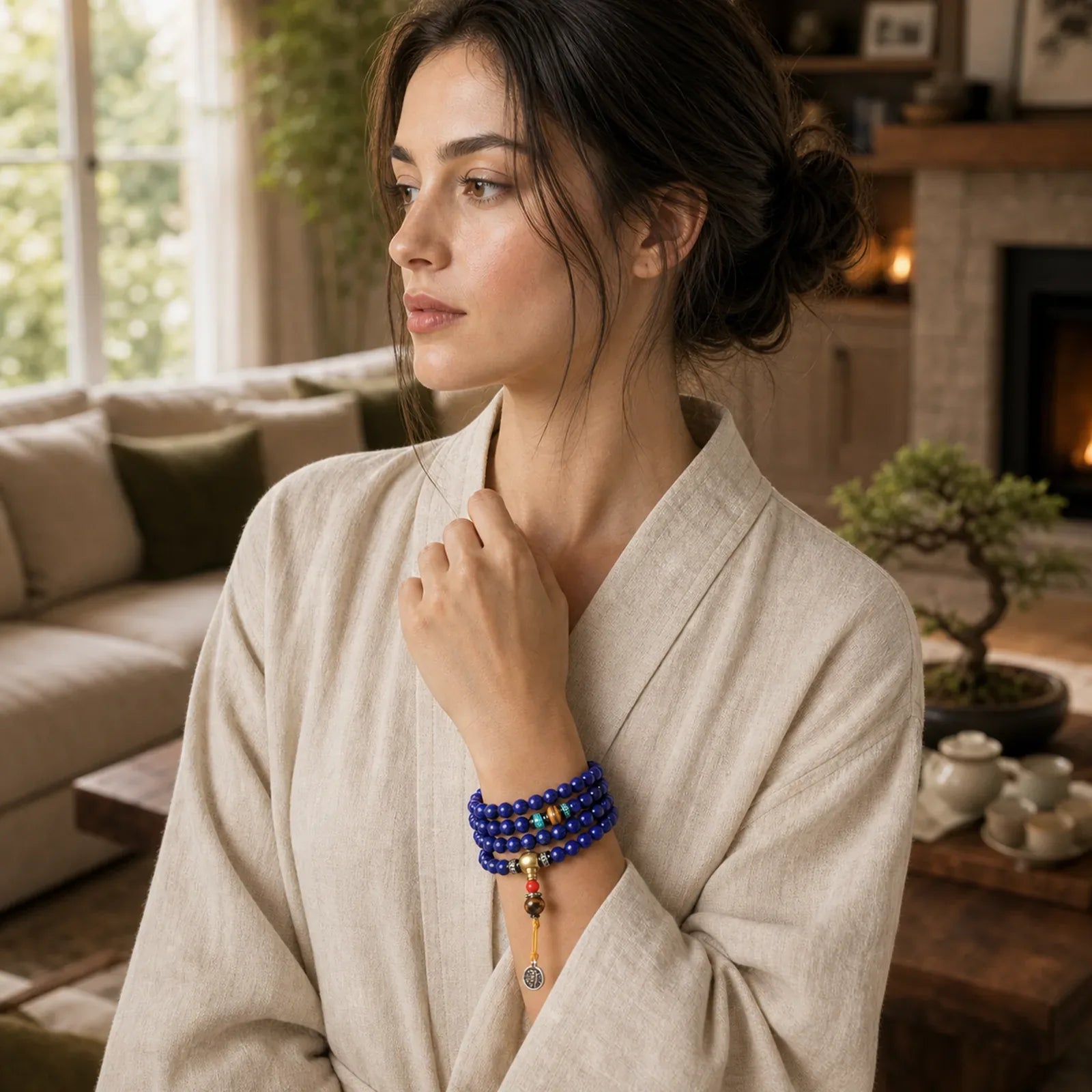 108 Beads Lazurite Positive Bracelet Mala featuring Lapis Lazuli (Lazurite), Tiger Eye, Turquoise