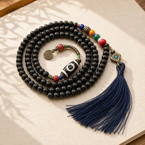 108 Beads Mala Ebony Wood Dzi Bead Copper Balance Tassel Bracelet featuring Ebony Wood, Ebony, Dzi Bead