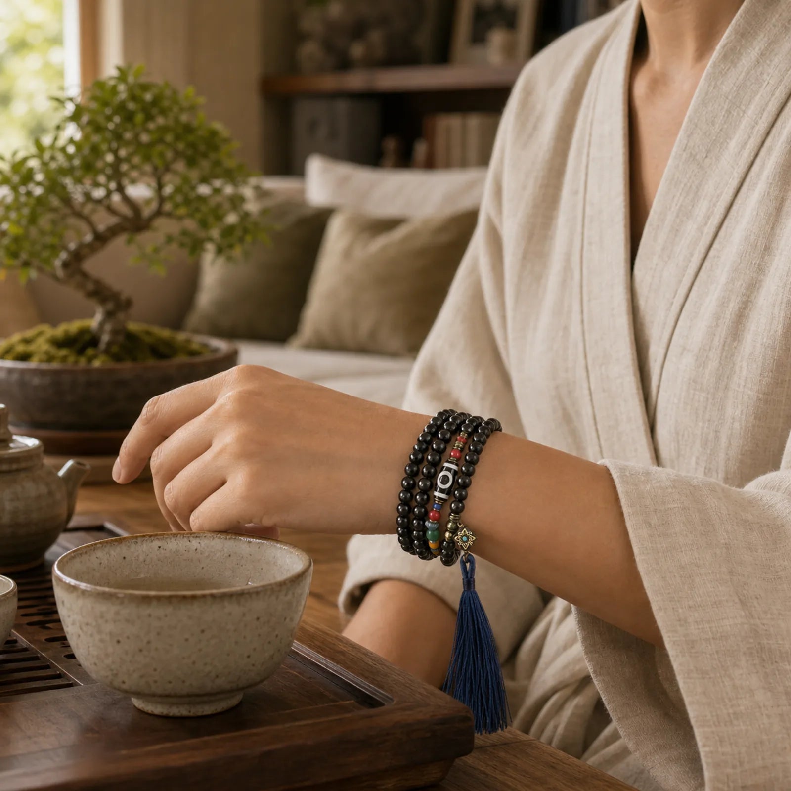 108 Beads Mala Ebony Wood Dzi Bead Copper Balance Tassel Bracelet featuring Ebony Wood, Ebony, Dzi Bead