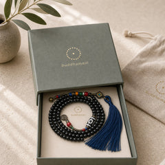 108 Beads Mala Ebony Wood Dzi Bead Copper Balance Tassel Bracelet featuring Ebony Wood, Ebony, Dzi Bead