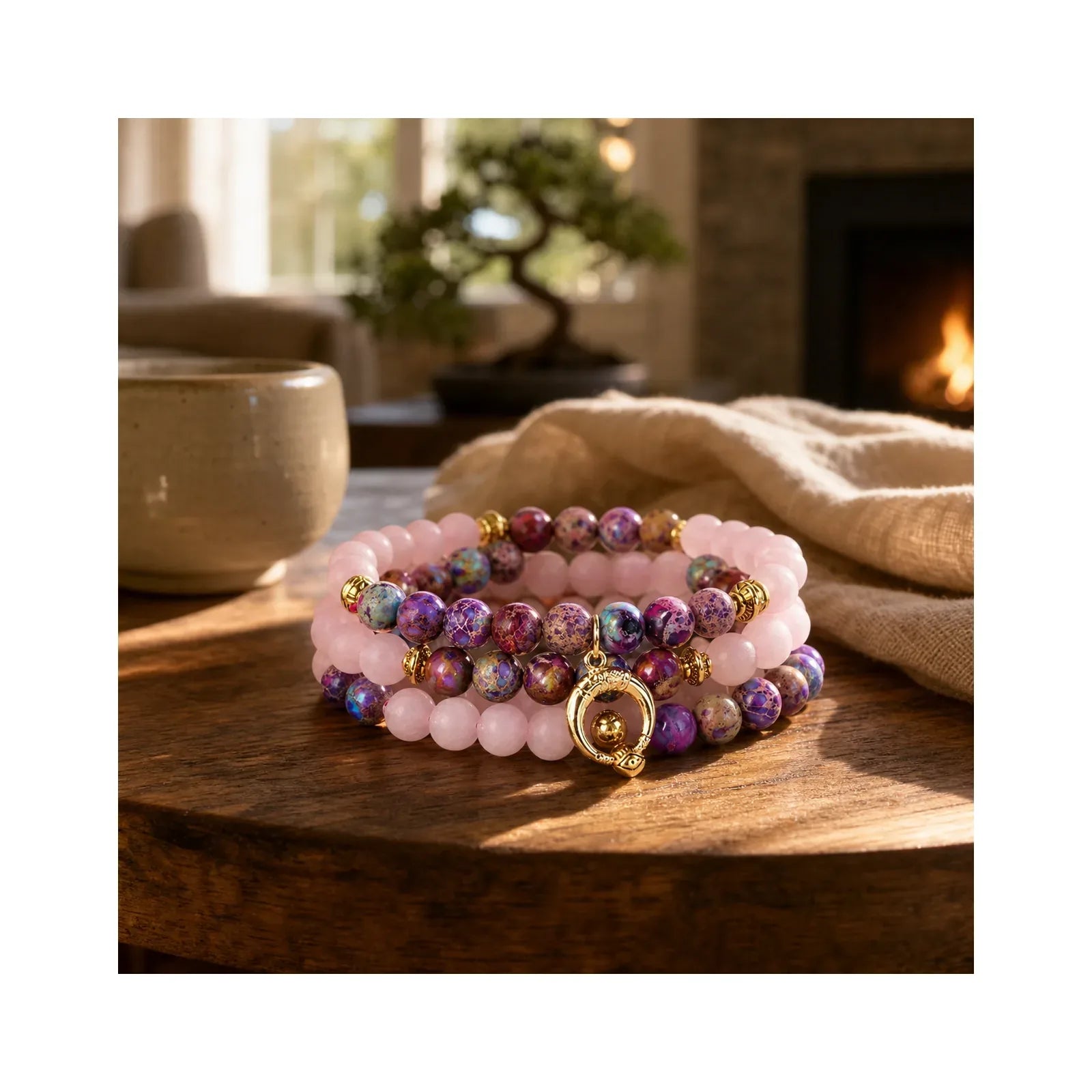 108 Beads Miano Real Pink Crystal Mala Healing Bracelet featuring Miano Real, Pink Crystal, Rose Quartz