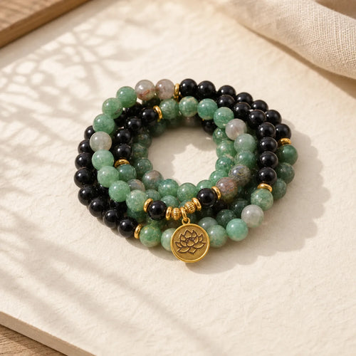 108 Beads Natural Agate Mala Healing Bracelet featuring Green Agate, Black Onyx