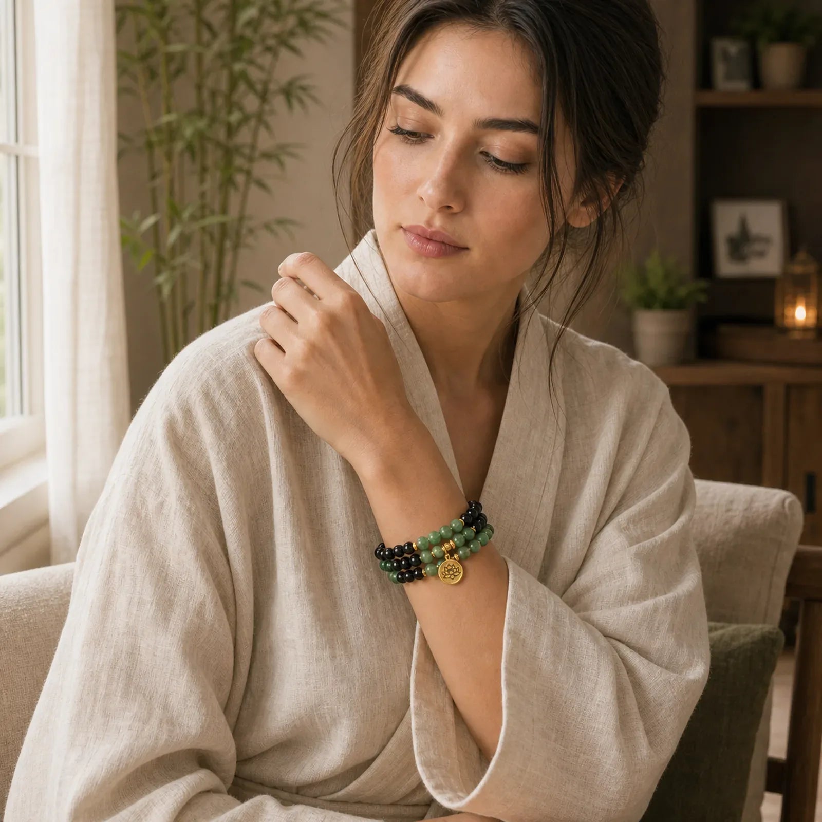 108 Beads Natural Agate Mala Healing Bracelet featuring Green Agate, Black Onyx