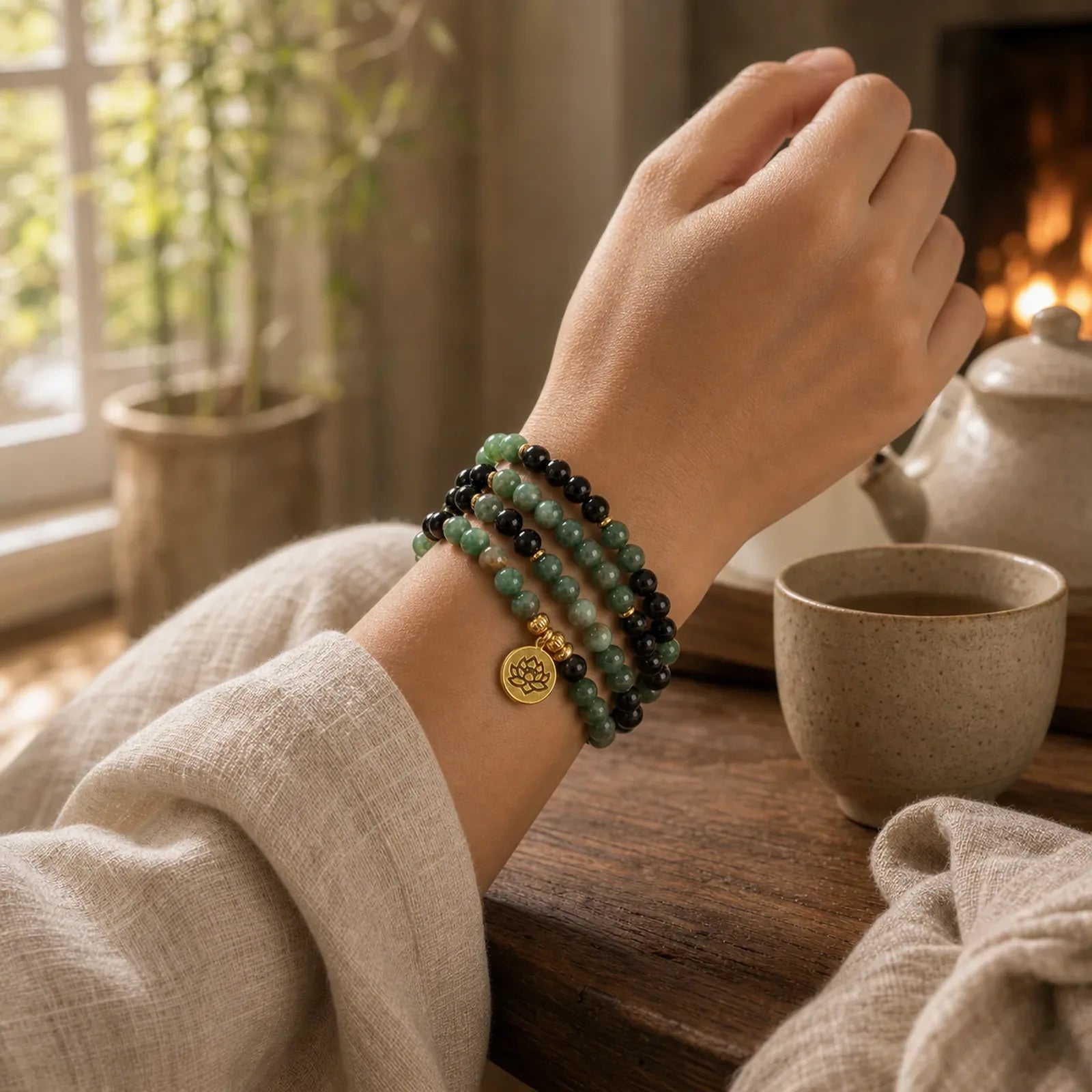 108 Beads Natural Agate Mala Healing Bracelet featuring Green Agate, Black Onyx
