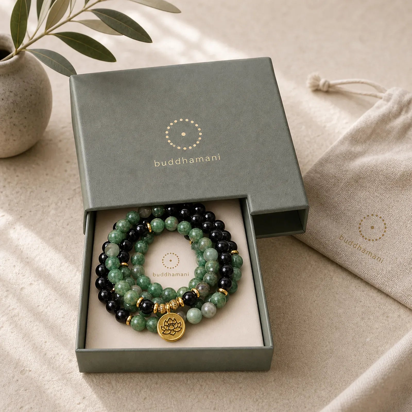 108 Beads Natural Agate Mala Healing Bracelet featuring Green Agate, Black Onyx