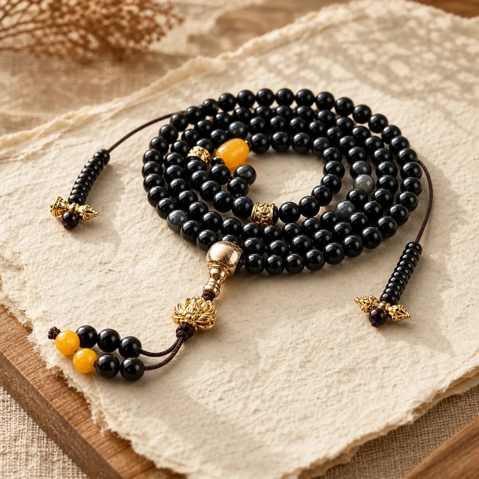 108 Beads Natural Black Obsidian Lotus Fulfilment Mala Bracelet featuring Black Obsidian, Lotus, Lotus Symbol
