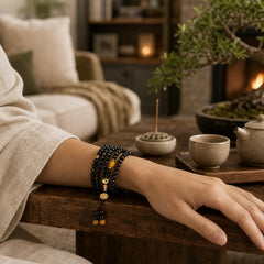 108 Beads Natural Black Obsidian Lotus Fulfilment Mala Bracelet featuring Black Obsidian, Lotus, Lotus Symbol