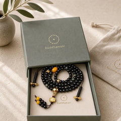 108 Beads Natural Black Obsidian Lotus Fulfilment Mala Bracelet featuring Black Obsidian, Lotus, Lotus Symbol