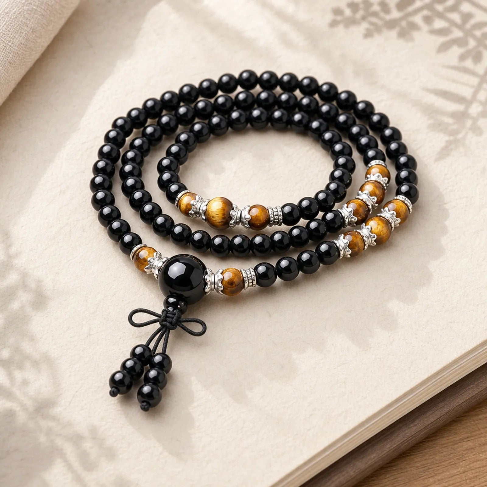 108 Beads Natural Black Obsidian Tiger Eye Mala Bracelet featuring Black Obsidian, Tiger Eye, Red Agate