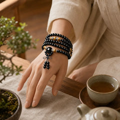 108 Beads Natural Black Obsidian Tiger Eye Mala Bracelet featuring Black Obsidian, Tiger Eye, Red Agate