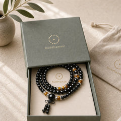 108 Beads Natural Black Obsidian Tiger Eye Mala Bracelet featuring Black Obsidian, Tiger Eye, Red Agate