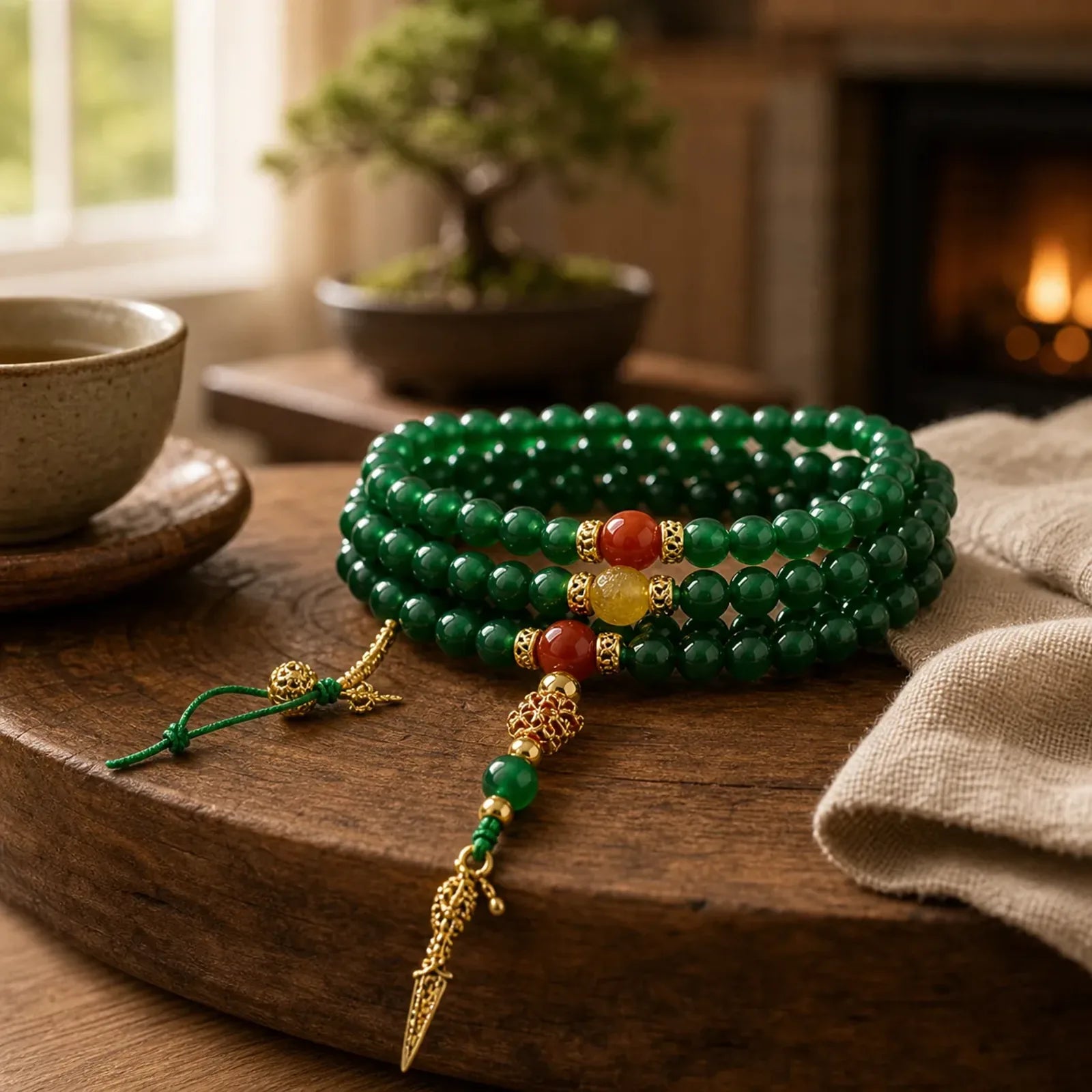 108 Beads Natural Green Agate Success Bracelet Mala featuring Green Agate
