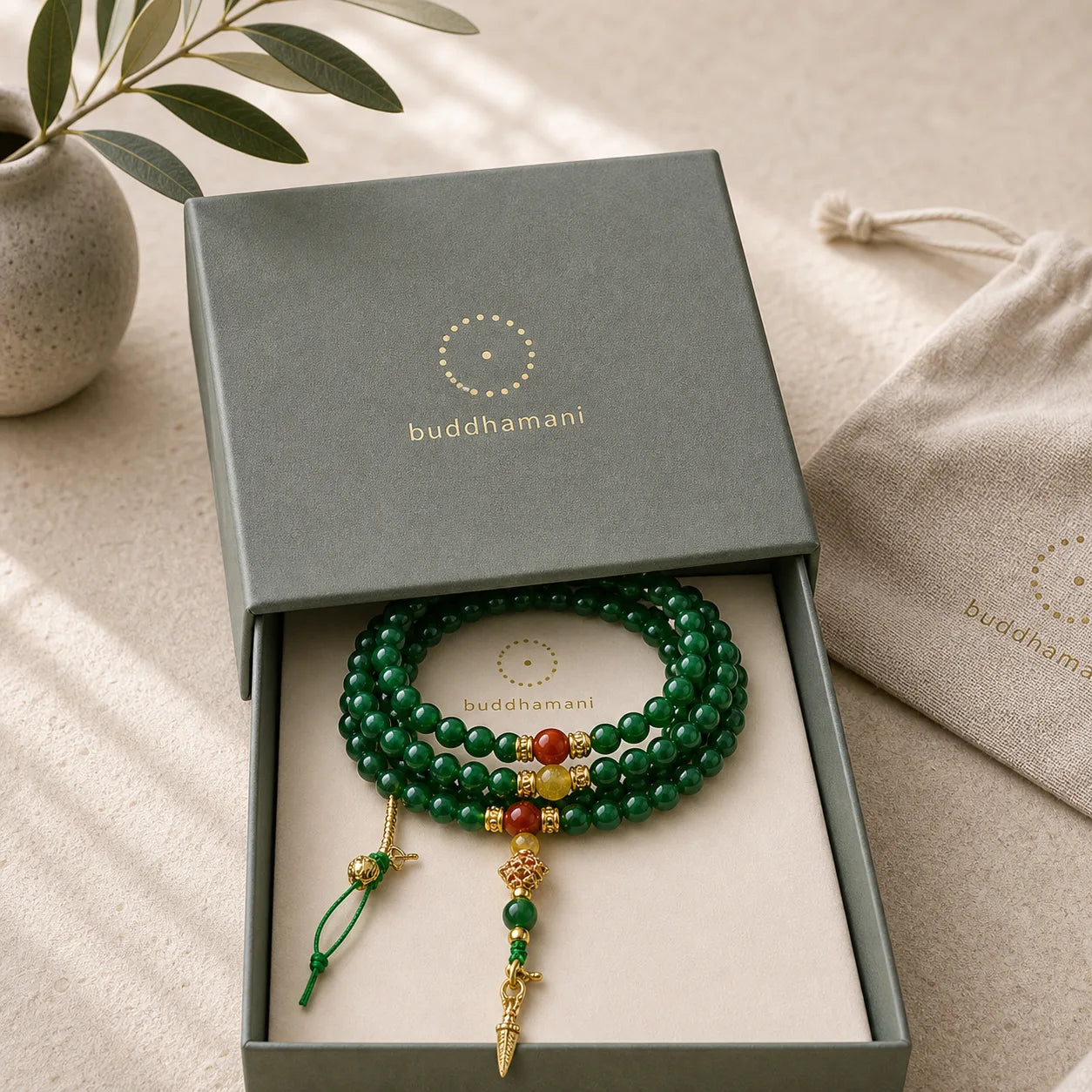 108 Beads Natural Green Agate Success Bracelet Mala featuring Green Agate