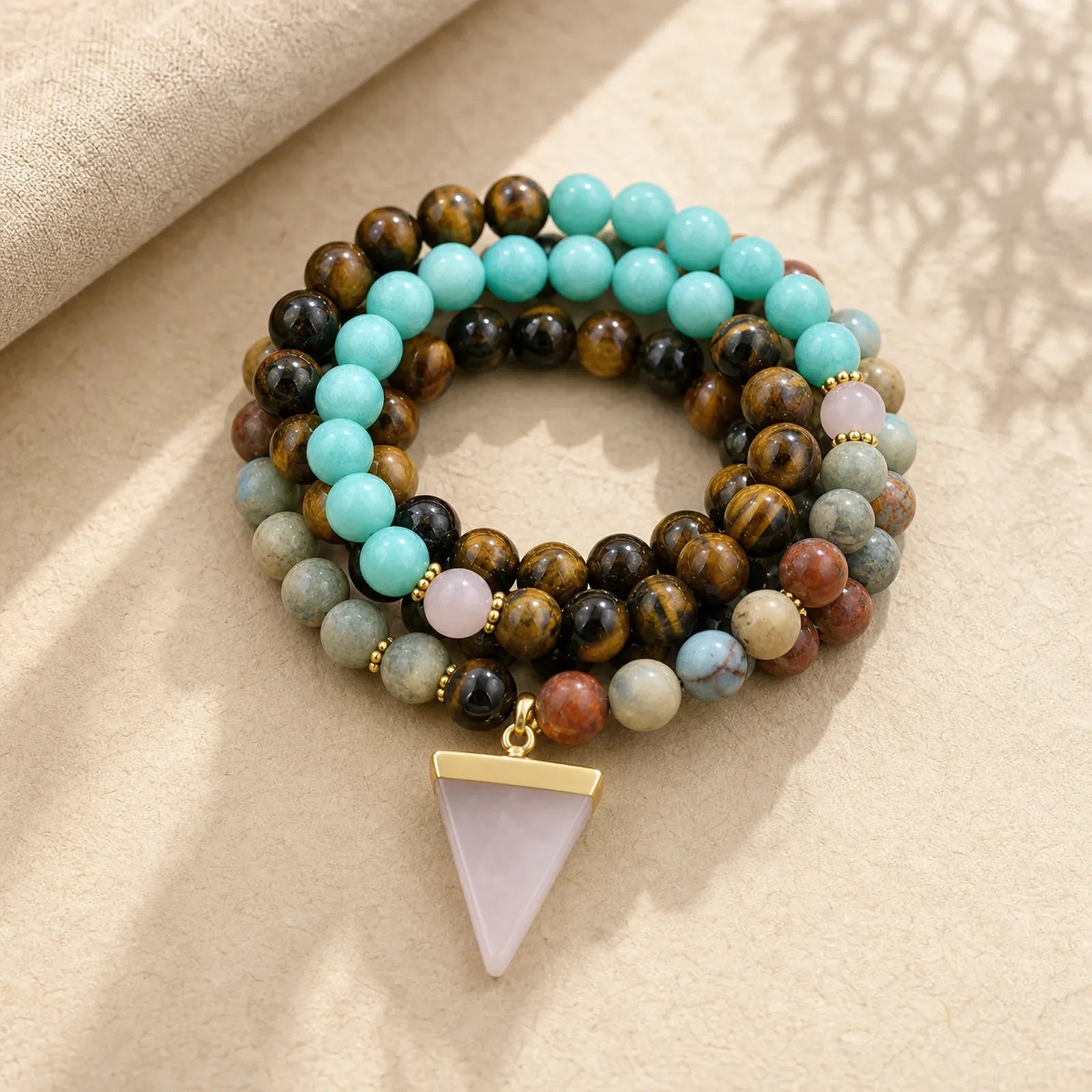 108 Beads Natural Stone Tiger Eye Mala Healing Bracelet featuring Tiger Eye, Sea Sediment Jasper, Pink Crystal