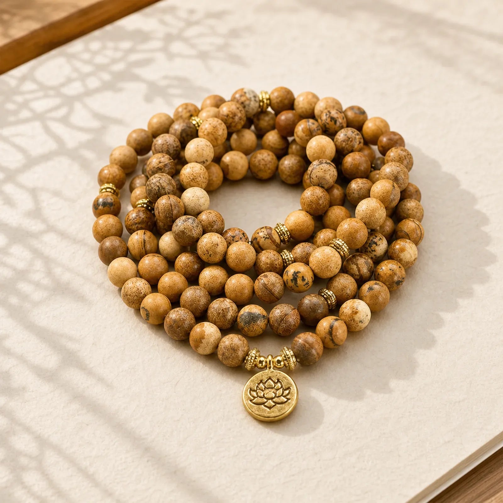 108 Beads Picture Jasper Mala Lotus Courage Bracelet featuring Picture Jasper, Lotus, Lotus Symbol