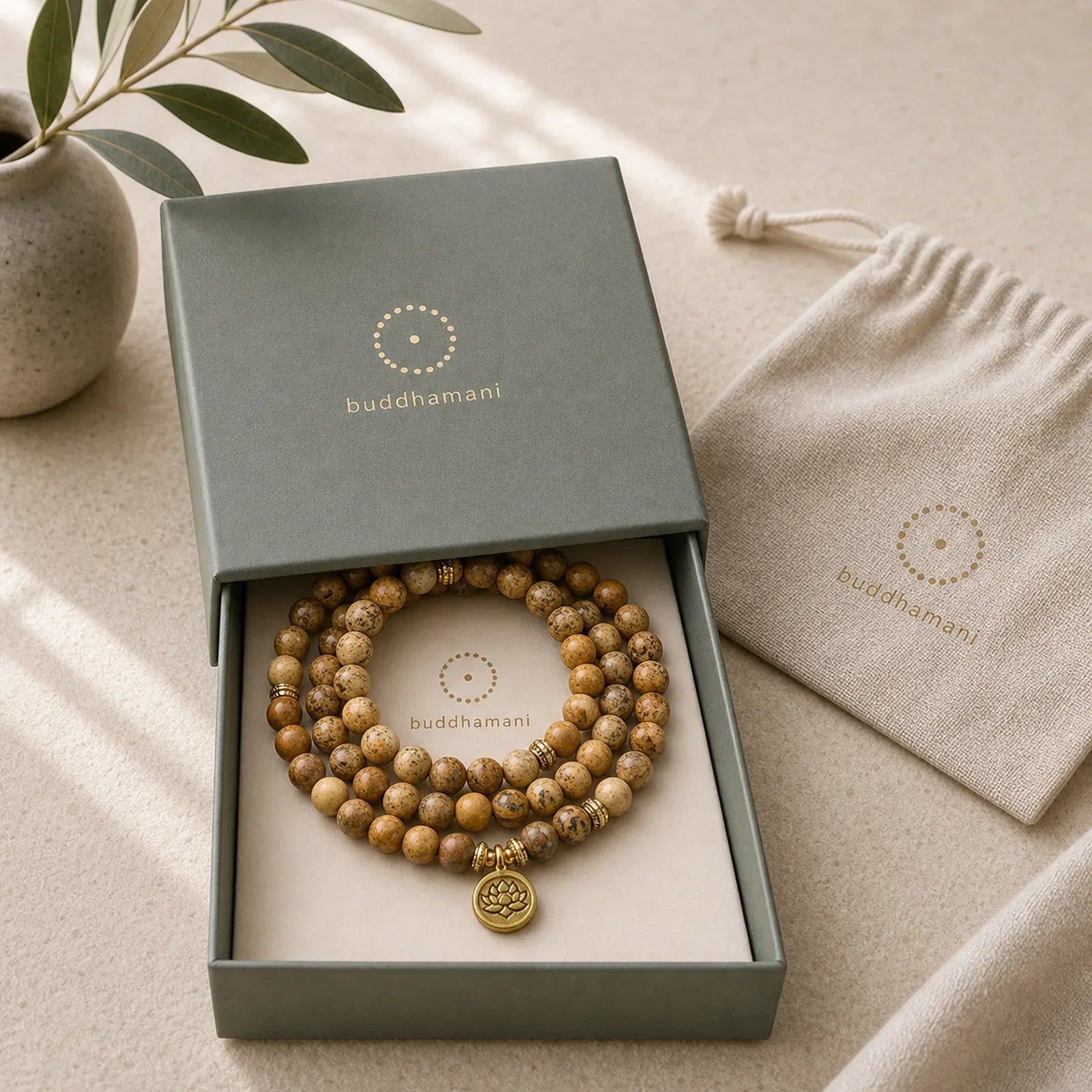 108 Beads Picture Jasper Mala Lotus Courage Bracelet featuring Picture Jasper, Lotus, Lotus Symbol
