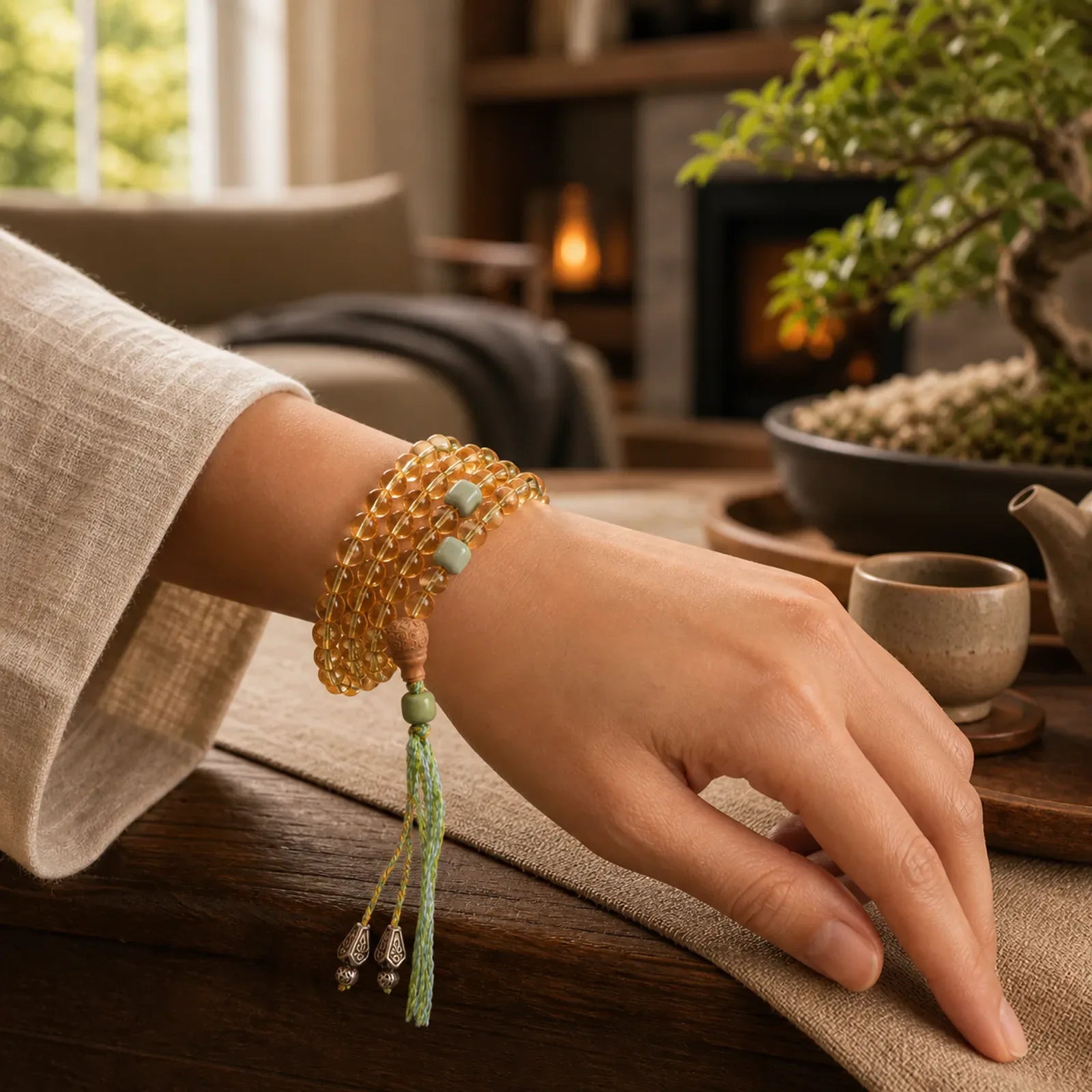 108 Mala Beads 925 Sterling Silver Citrine Sandalwood Turquoise Protection Prosperity Bracelet featuring Silver, Citrine, Sandalwood