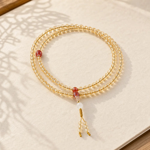 108 Mala Beads 925 Sterling Silver Natural Citrine Red Agate White Jade Prosperity Charm Bracelet featuring Silver, Citrine, Red Agate